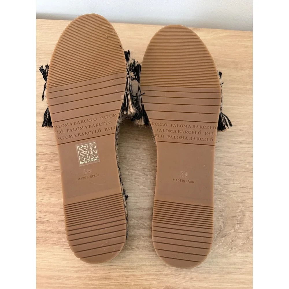 Anthro Paloma Barcelo 39 Black Tan Fringed Raffia Espadrille Slide Sandals Boho